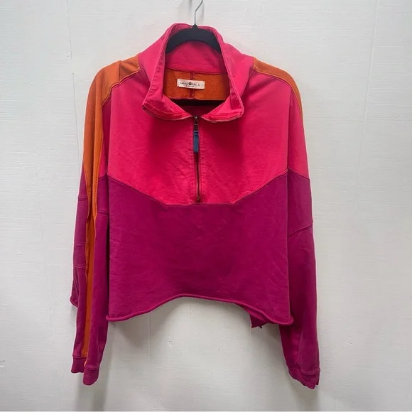 Natural Life Large Jess Colorblock Sweatshirt in Hot Pink Half-Zip Top - Picture 2 of 10